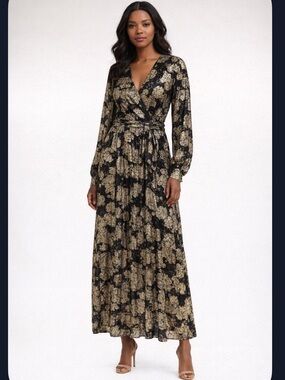 Black & Gold Floral Wrap Maxi Dress small